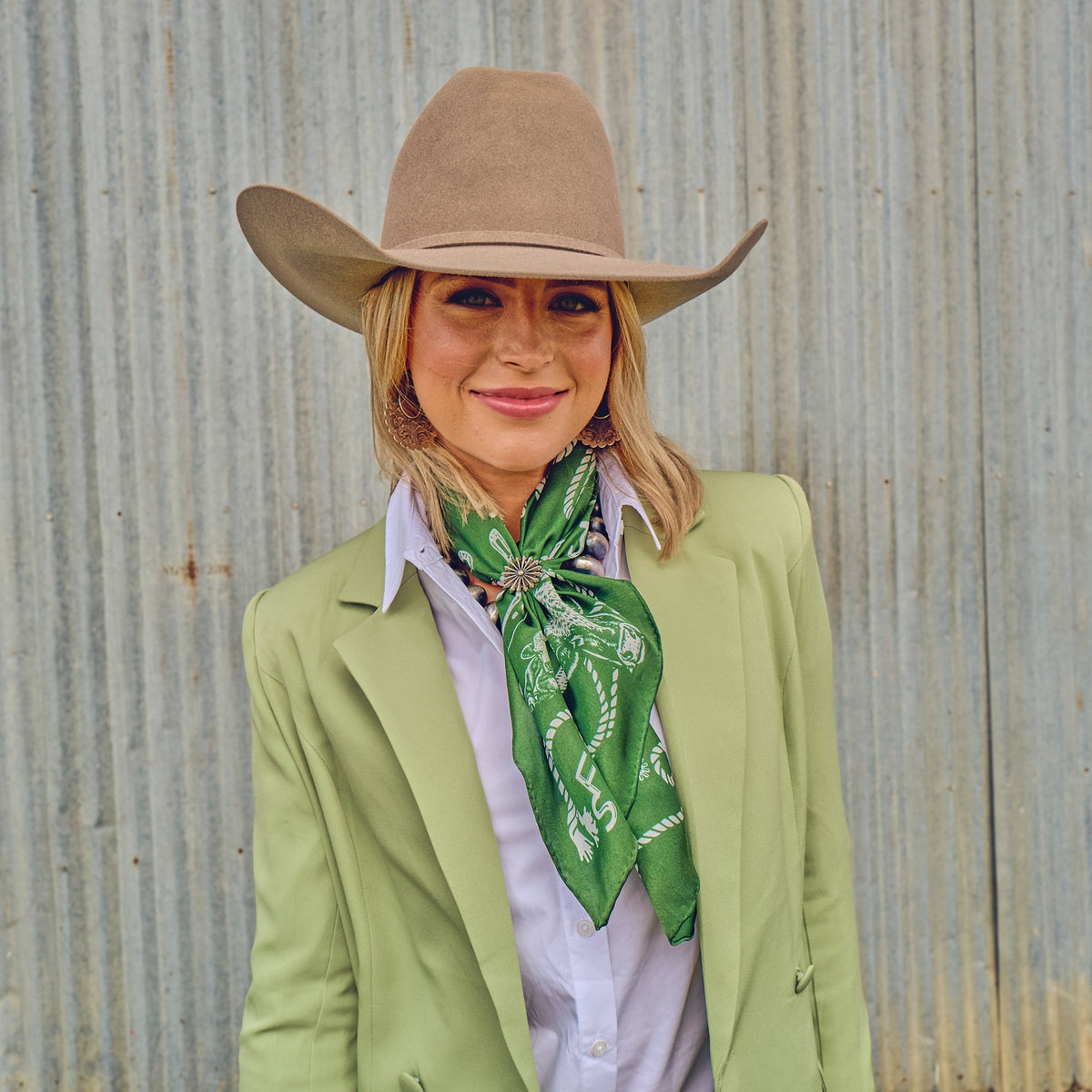 Fringe Hi Yo Silver Silk Scarf Hunter Green one inch Fringe logo on the center edge ranch wear