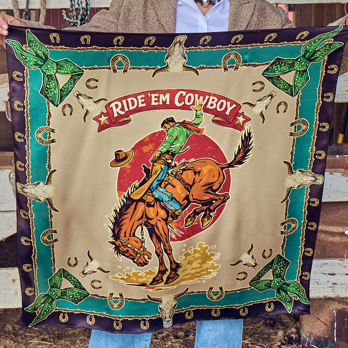 Fringe Ride Em Cowboy Silk Scarf Jade bucking horse framed by vintage western icons in black and jade womens western boutique Utah SKU SCRFRECJADESH26086