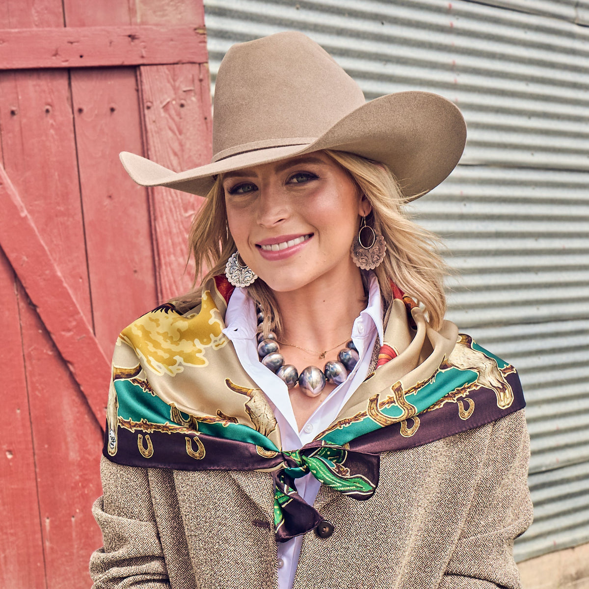 Fringe Ride Em Cowboy Silk Scarf Jade pairs with a denim jacket knotted loose Park City