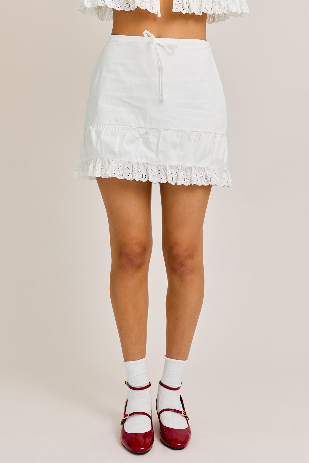 High Waisted Lace Trim Mini Skirt womens  teens White cute popular mini skirt buy this at Boltranchstore.com 