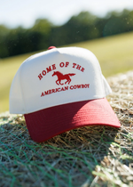 Home of the American Cowboy Red and Cream Hat a natural hat with a red brim and red embroidered Home of the American Cowboy with a running horse at boltranchstore.com