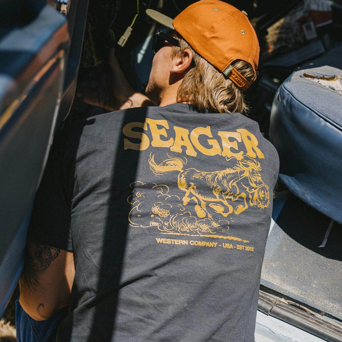 Seager Horse Fried Tee Vintage Black everyday western tee styled with jeans cowboy
