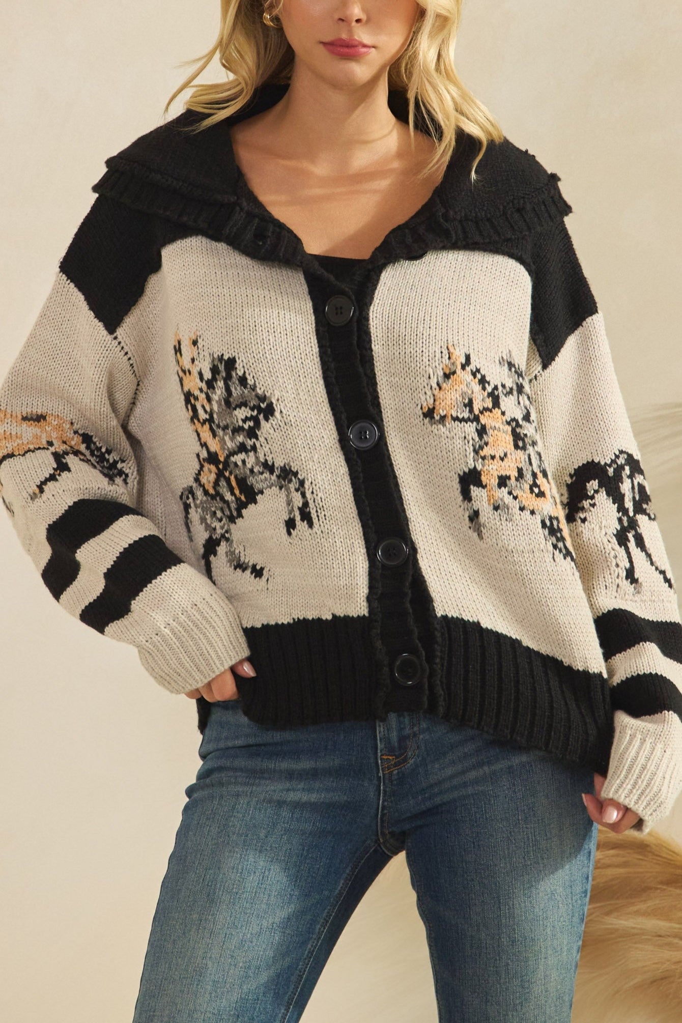 Horse Print Button Up Sweater ballerina farms favorite rodeo sweater order at boltranchstore.com