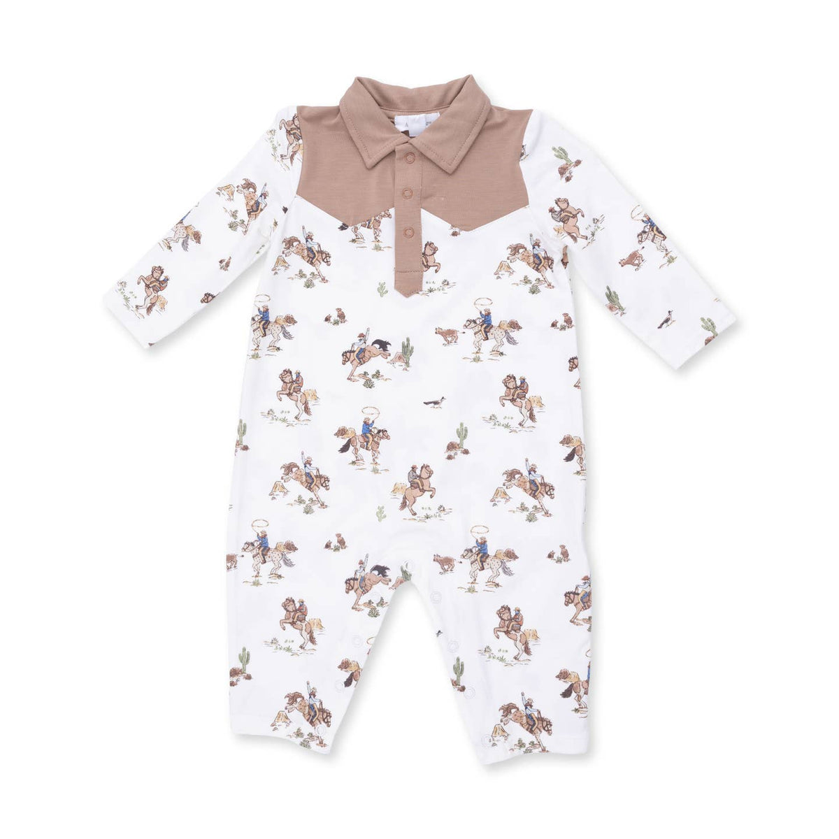 A baby long-sleeve footless romper with a white base, featuring a tan collar and button placket, and an allover print of cowboy and cowgirl characters on horseback. Horse Wrangler Long Sleeve Cowboy Romper Shop today at boltranchstore.com