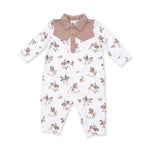 A baby long-sleeve footless romper with a white base, featuring a tan collar and button placket, and an allover print of cowboy and cowgirl characters on horseback. Horse Wrangler Long Sleeve Cowboy Romper Shop today at boltranchstore.com