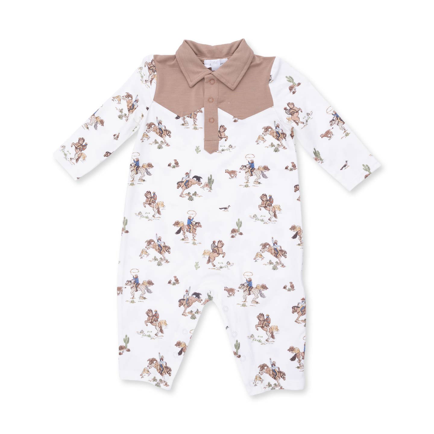 A baby long-sleeve footless romper with a white base, featuring a tan collar and button placket, and an allover print of cowboy and cowgirl characters on horseback. Horse Wrangler Long Sleeve Cowboy Romper Shop today at boltranchstore.com