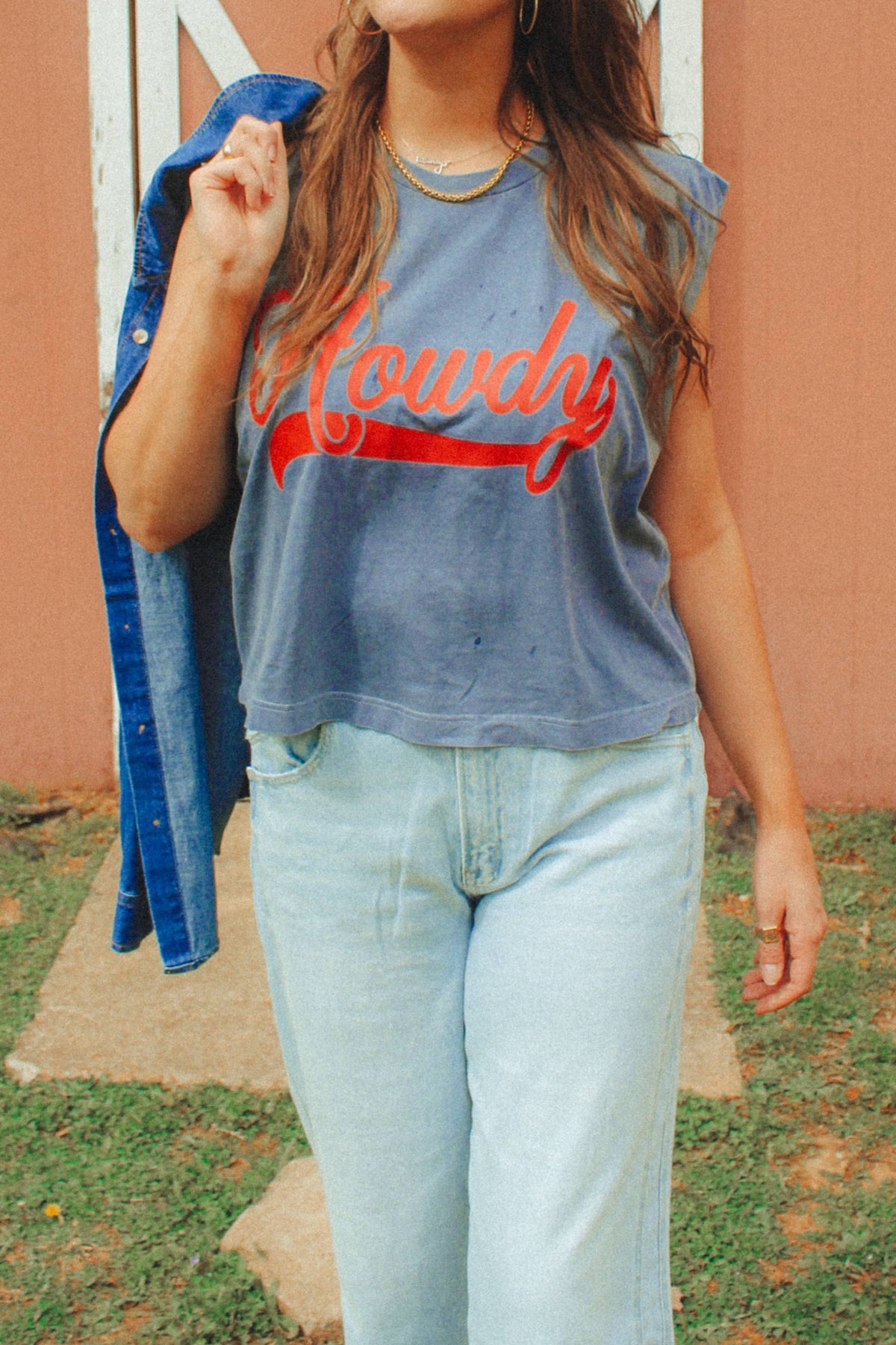 Howdy Cropped Muscle Tank Blue womens tank muscle tee sleeveless summer rodeo music concert outfit top shirt free shipping Boltranchstore.com