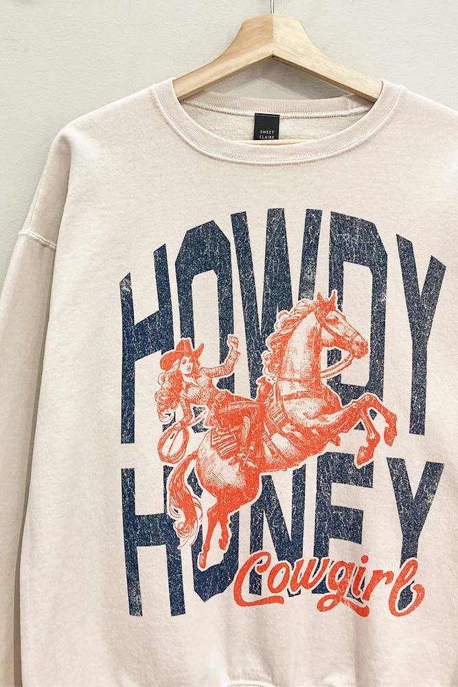 Howdy Honey Sweatshirt Sweet Claire womens oversized western country top sweatshirt at Boltranchstore.com
