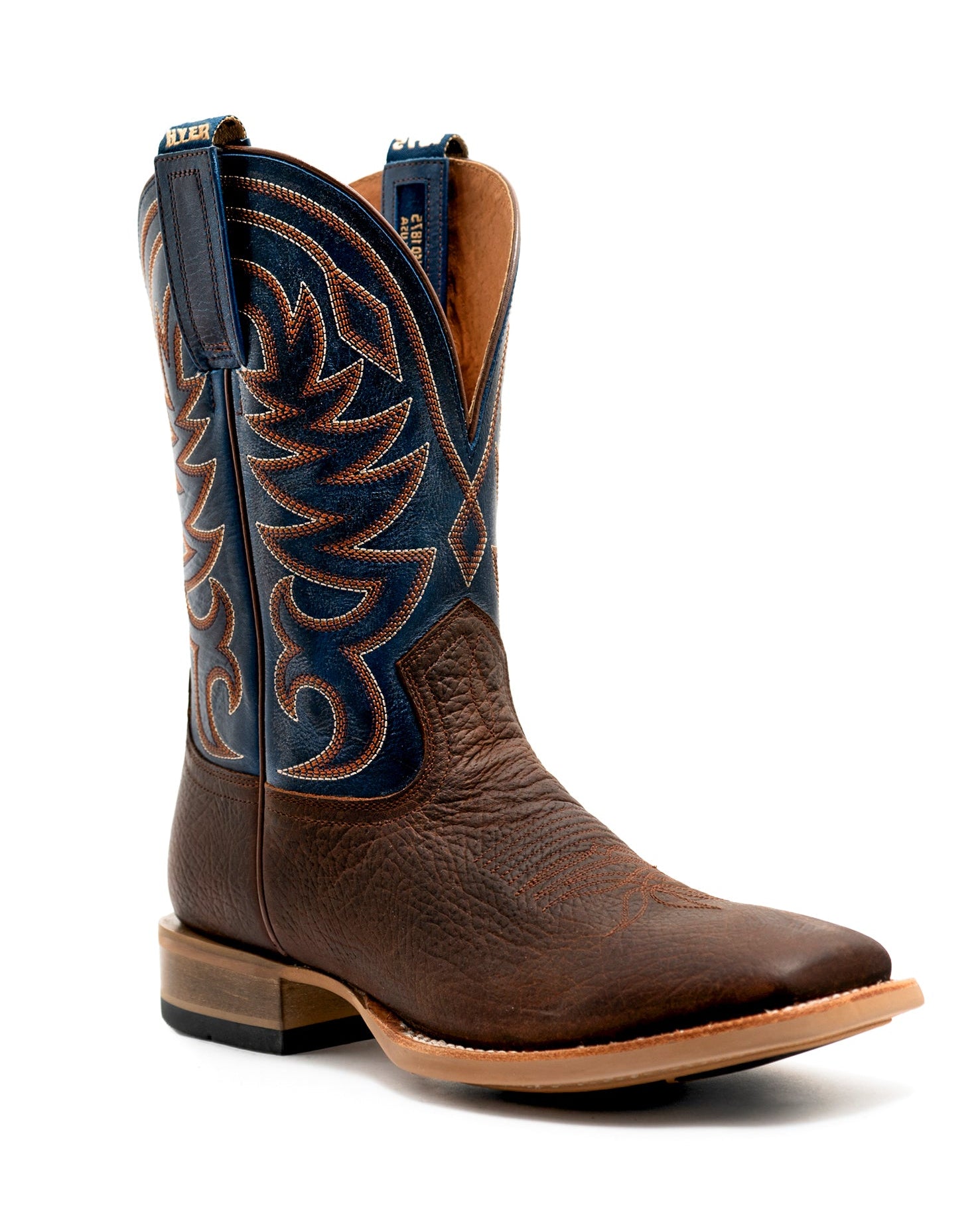 Hyer Mens Clyde Boot a brown leather boot and a blue embroidered 11 in shaft at boltranchstore.com