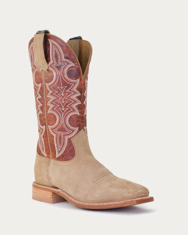 Hyer Mens Holton Tan Boot a sand roughout with a broad square toe in an orange vintage cowhide at boltranchstore.com