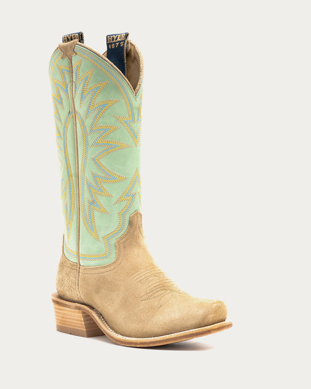 Hyer Womens Rose Hill Tan Boots with a 13" shaft in a tan roughout and light green shaft available at boltranchstore.com