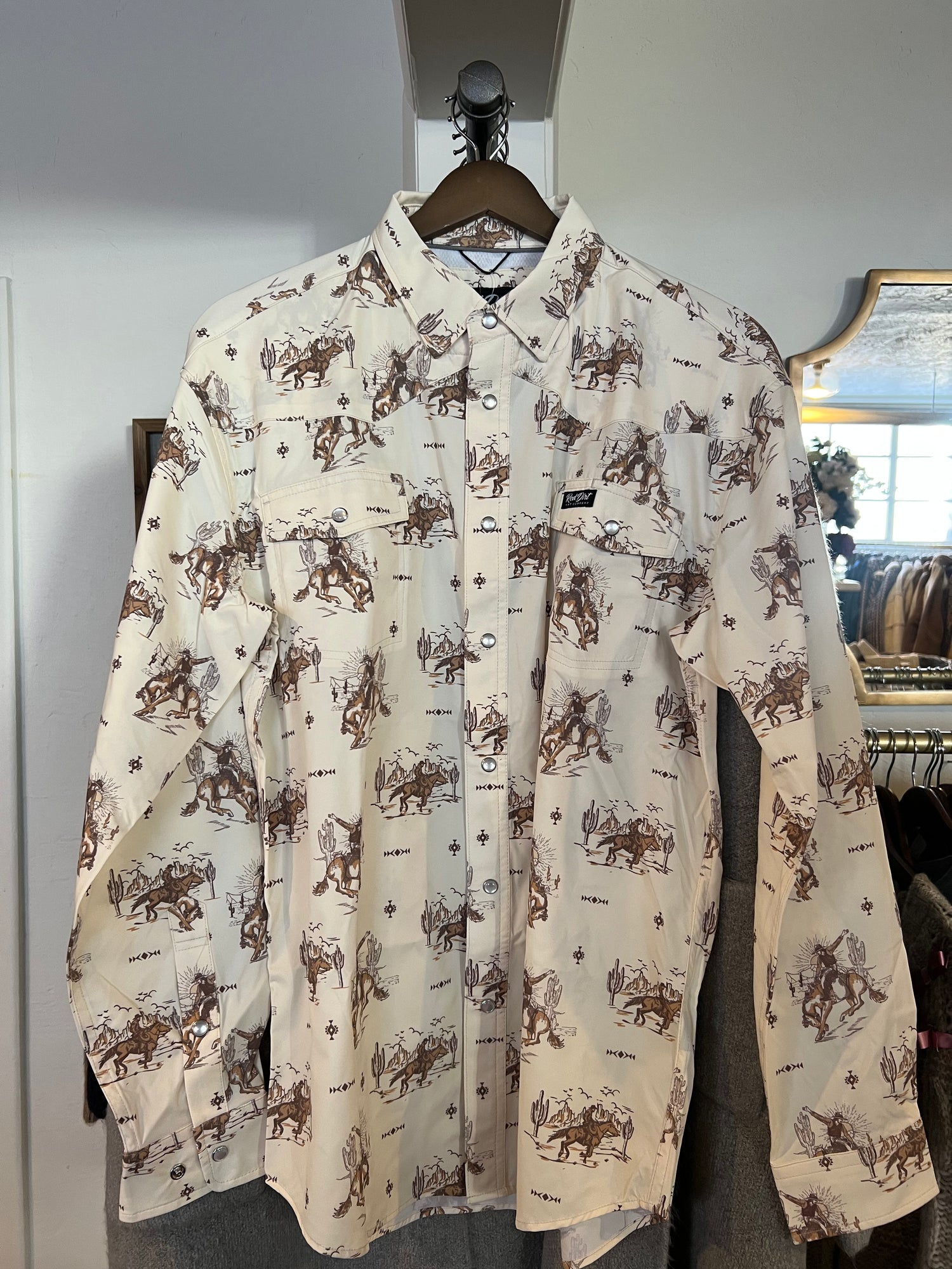 Red Dirt Hat Co Mens western cream shirt with brown horse pattern button up collared mens boltranchstore.com Bolt Ranch Store free shipping