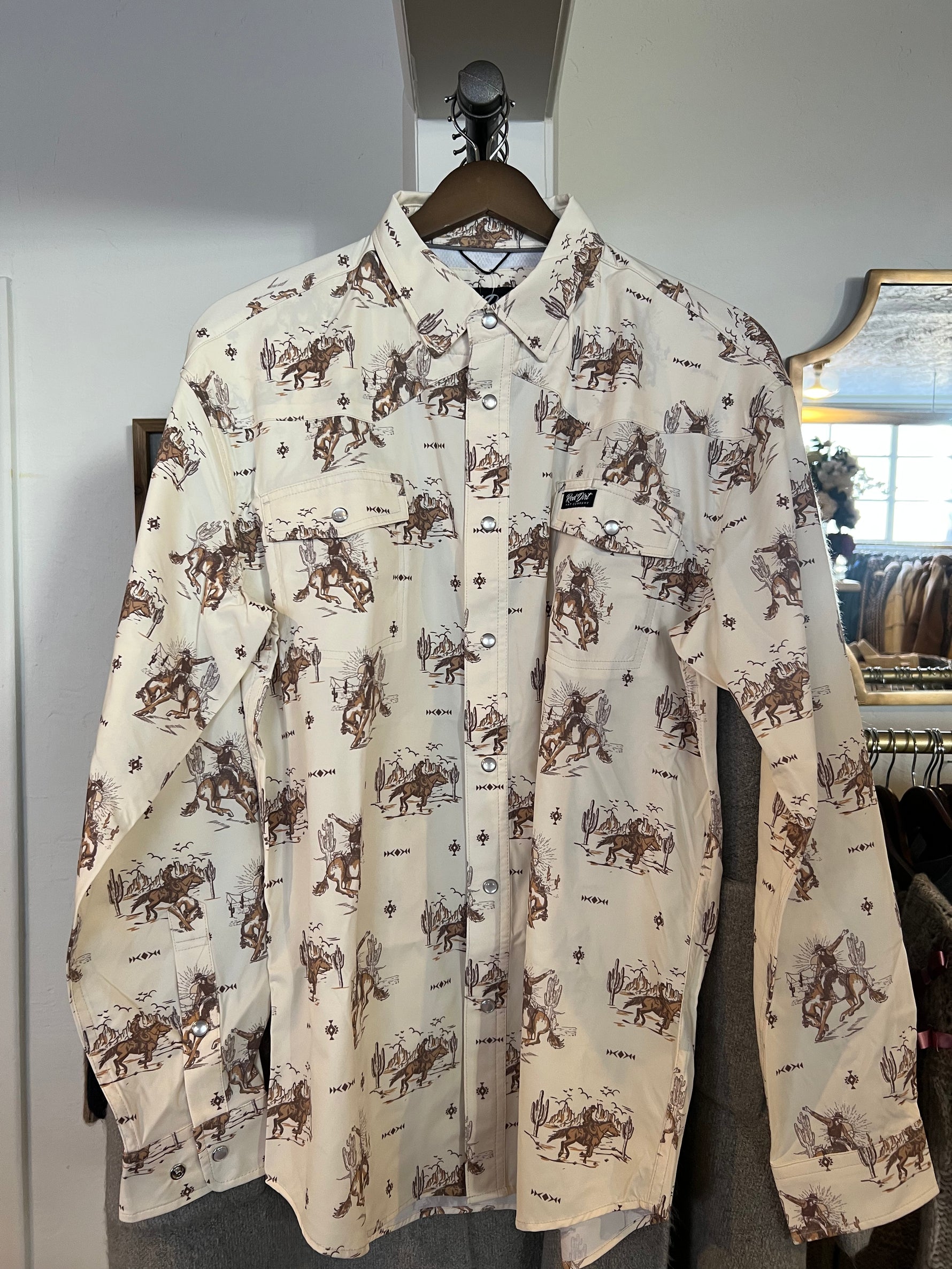 Red Dirt Hat Co Mens western cream shirt with brown horse pattern button up collared mens boltranchstore.com Bolt Ranch Store free shipping