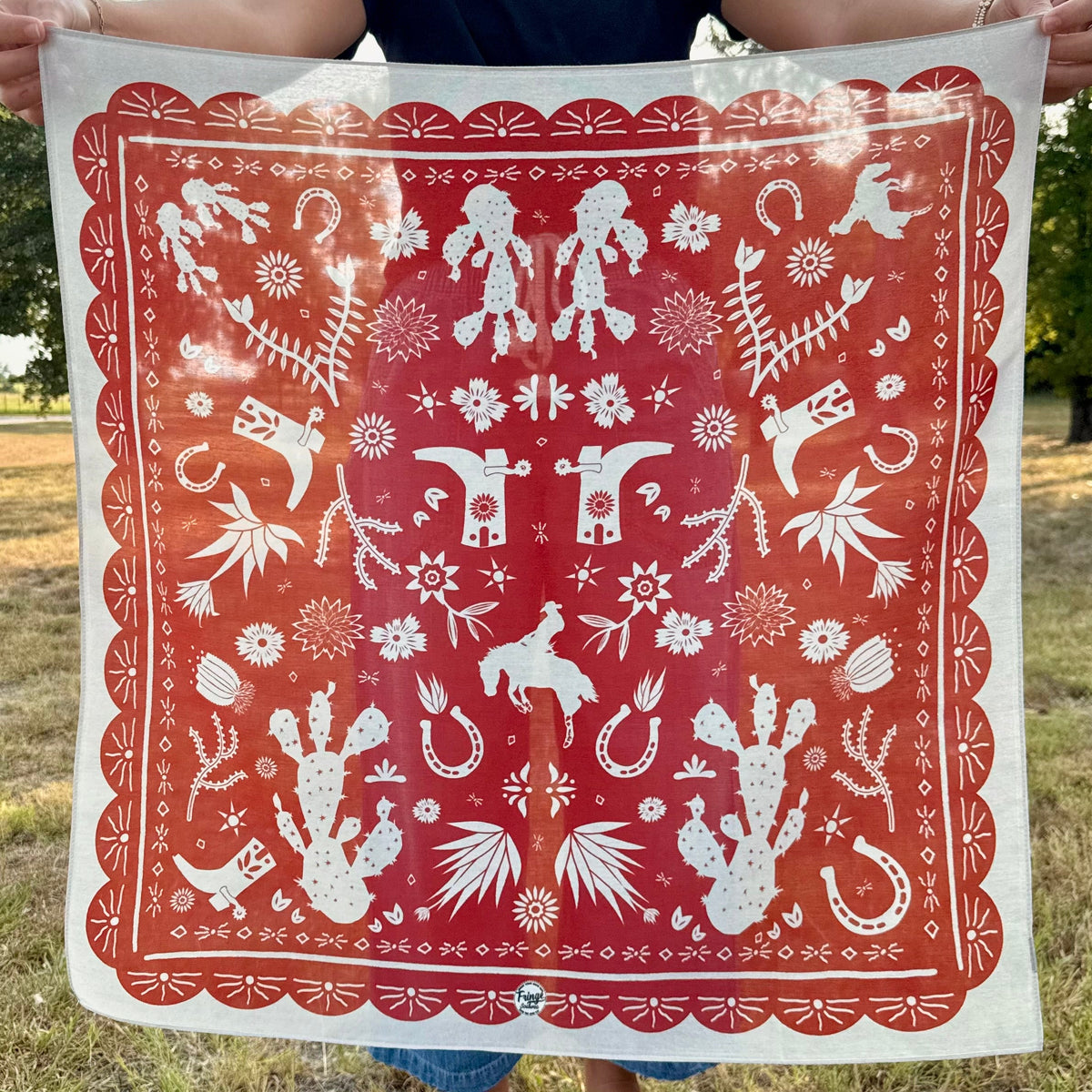 Fringe Scarves Game Day Down South Doily Bandana Red papel picado inspired print of boots blooms horseshoes and cactus womens western boutique Utah SKU BANDDSDRED26023