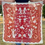 Fringe Scarves Game Day Down South Doily Bandana Red papel picado inspired print of boots blooms horseshoes and cactus womens western boutique Utah SKU BANDDSDRED26023