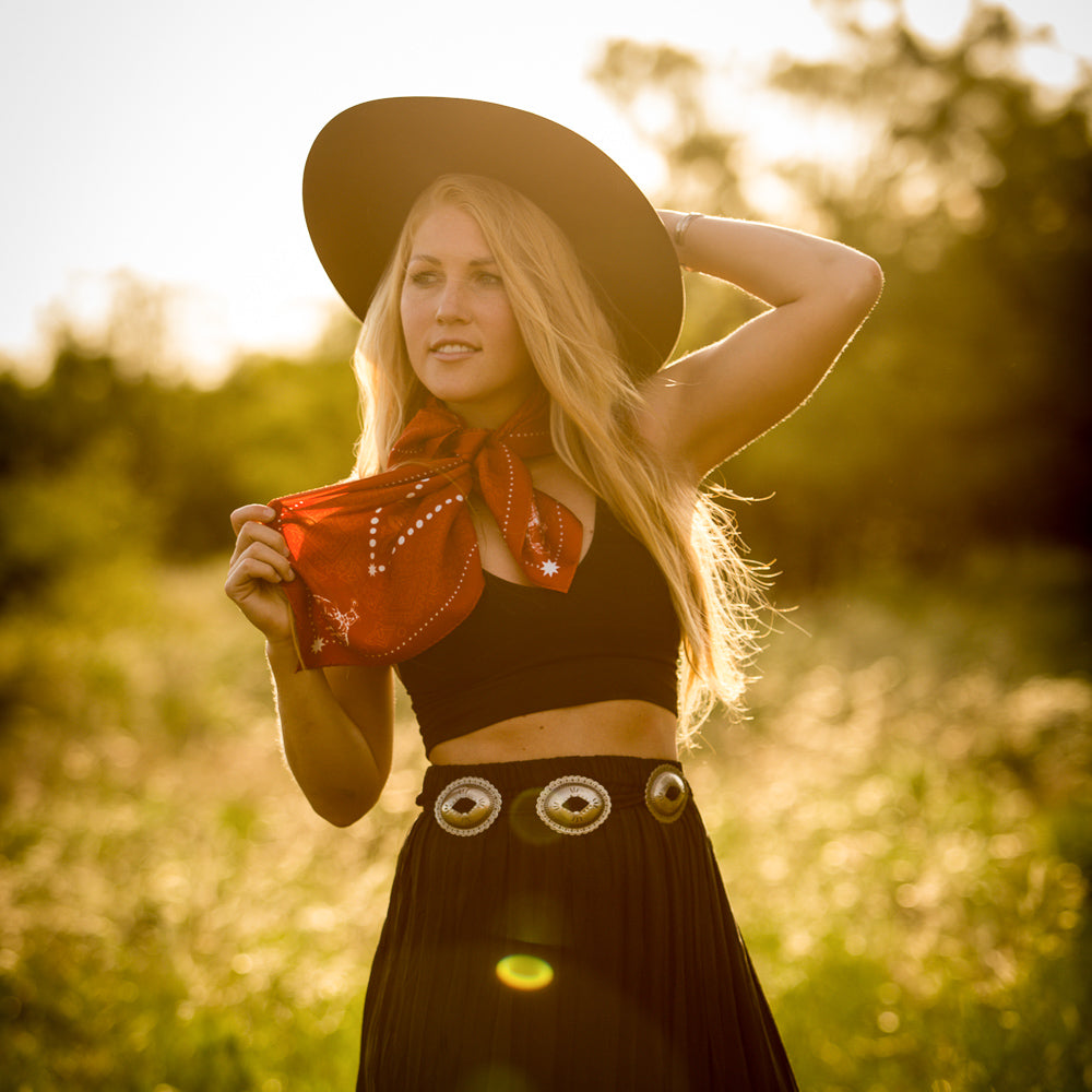Fringe Banditos Silk Scarf Red pairs with fringed suede and leather jackets Kamas