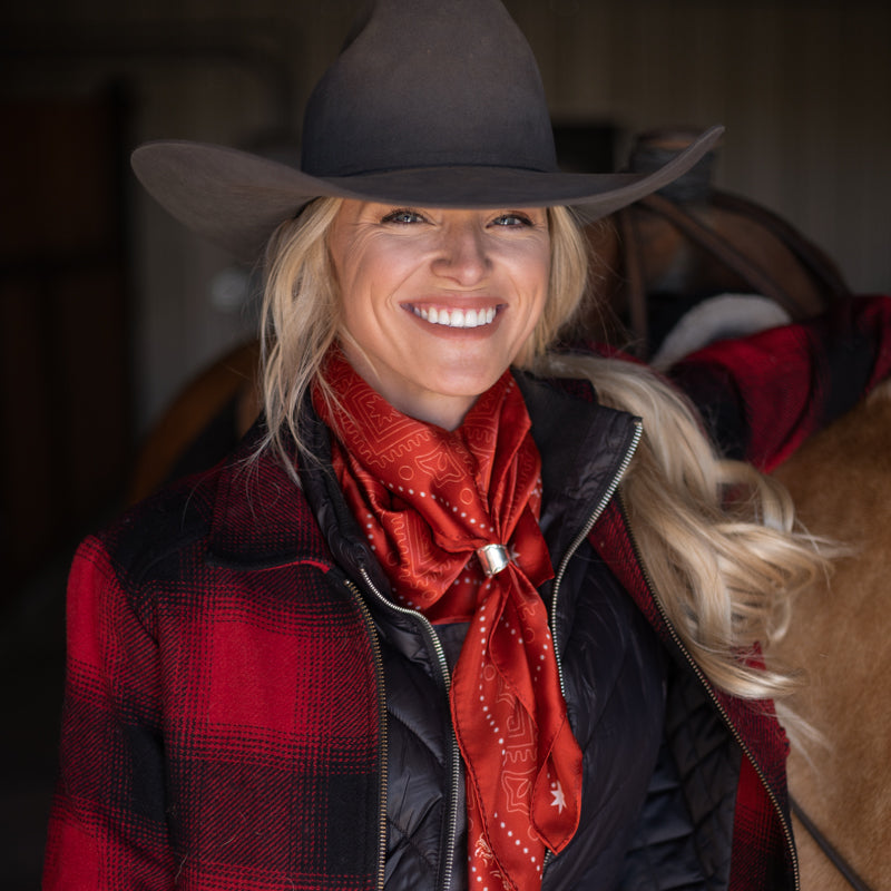 Fringe Banditos Silk Scarf Red pairs with a denim jacket knotted loose Park City