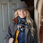 Fringe Willow Navy Silk Scarf made to tie as a classic wild rag at the neck western fashion
