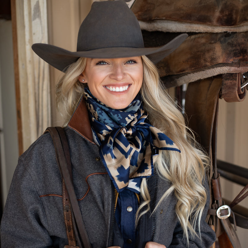 Fringe Willow Navy Silk Scarf layers over a western snap shirt womens western clothing