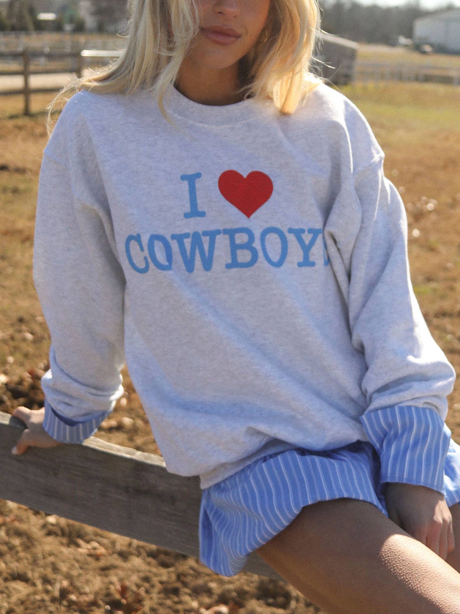 I Love Cowboys Sweatshirt womens crewneck gray loungewear free shipping bolt ranch store 