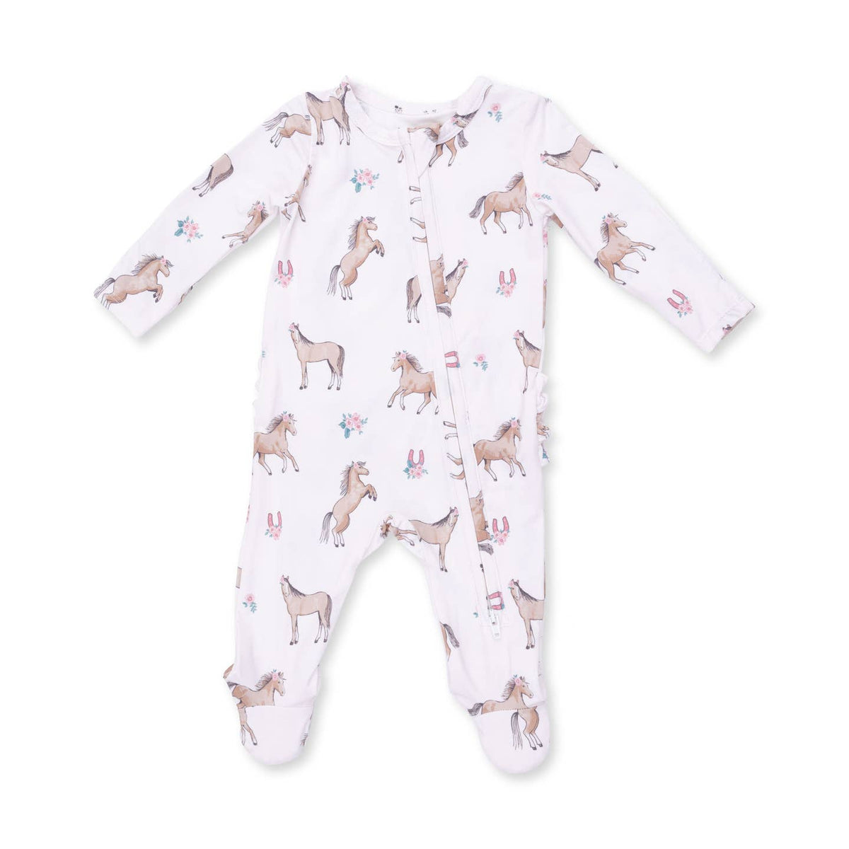 I Love Horses 2 Way Ruffle Back Zipper Footie shop at boltranchstore.com western baby