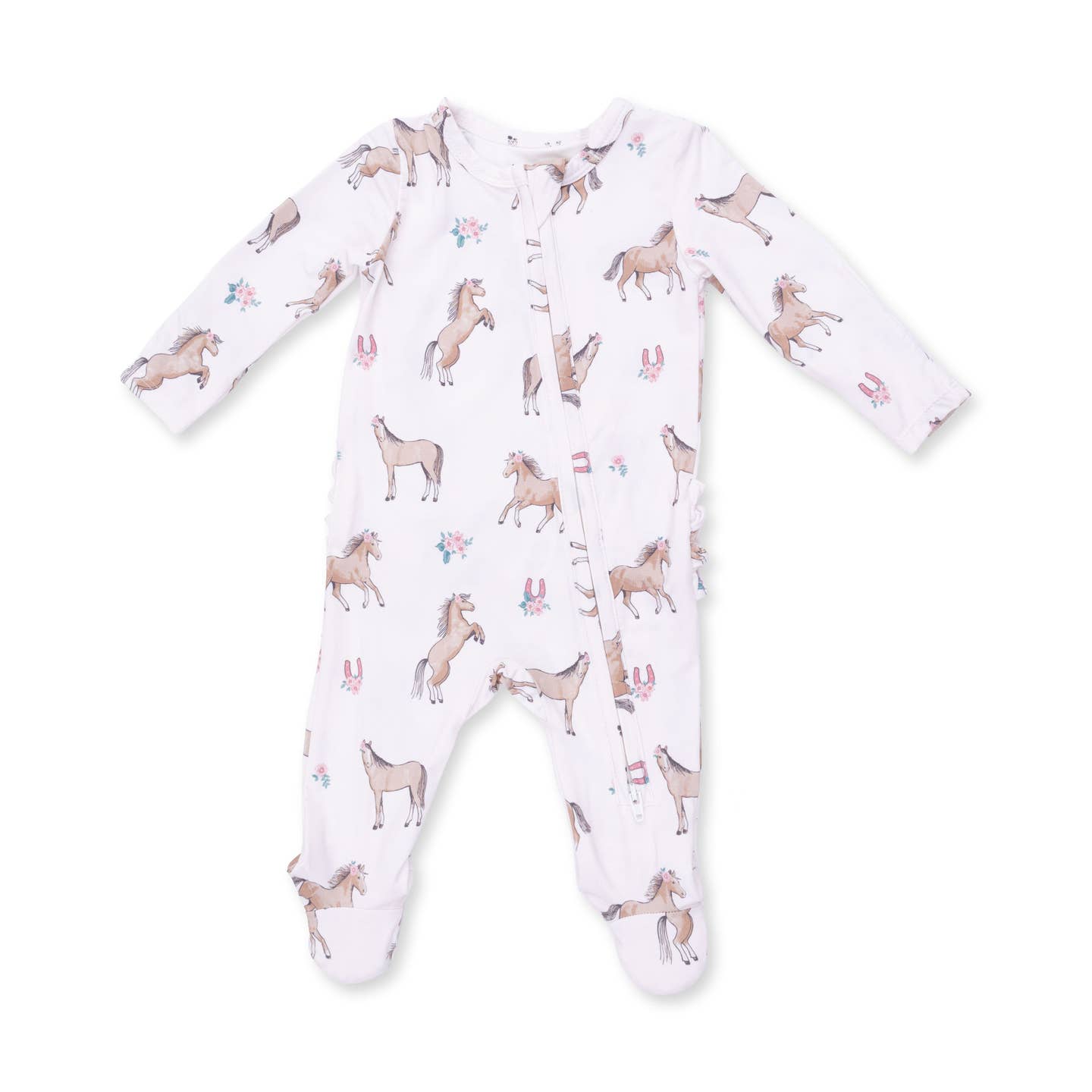 I Love Horses 2 Way Ruffle Back Zipper Footie shop at boltranchstore.com western baby