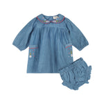 Infant girls Ida Floral Embroidered Denim Baby Dress and Bloomer made from organic cotton in a soft denim blue color with red trim pefect baby gift