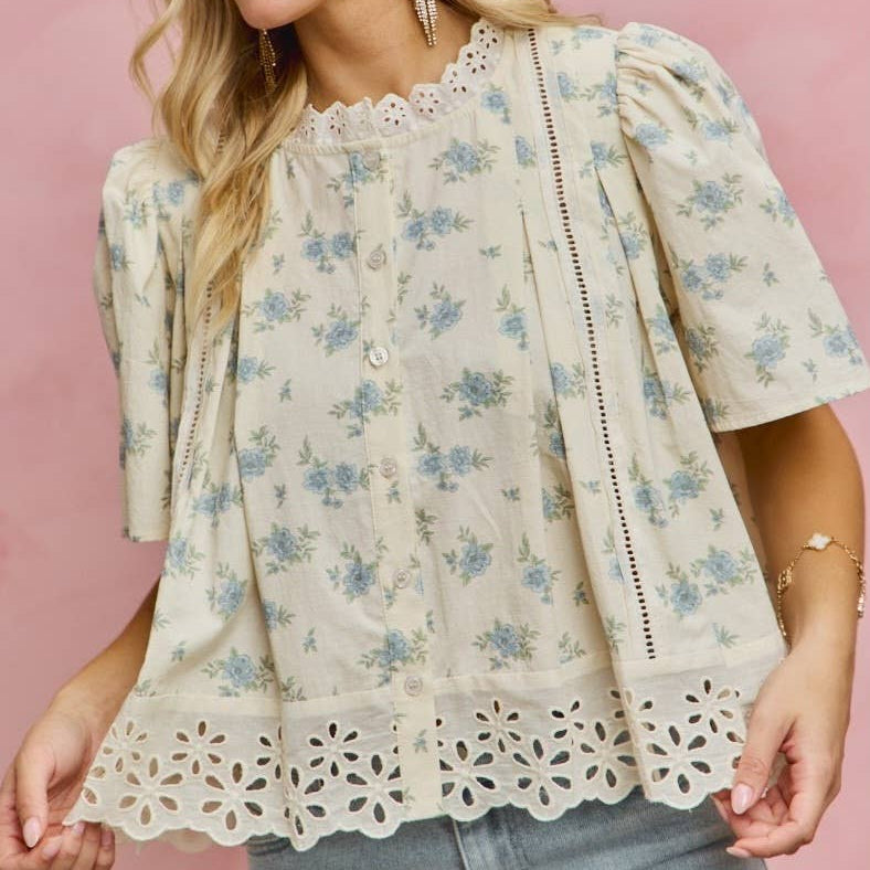 Isla Floral Lace Trim Flutter Sleeve Top in a full button up lace bottom and top at boltranchstore.com
