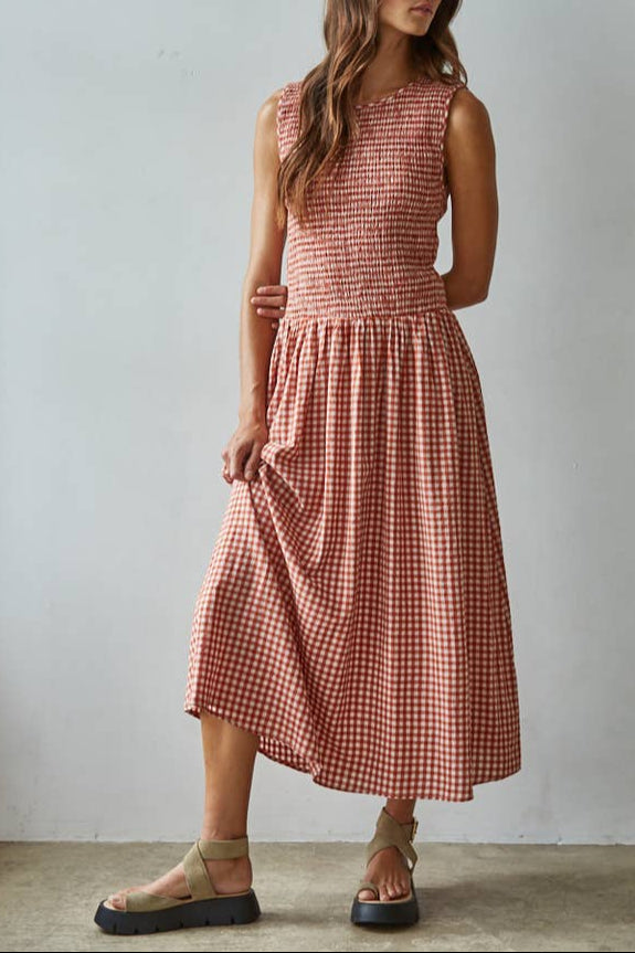 Ivy Woven Gingham Smocked Midi Dress By Together womens fall dress popular ballerina farms reformation dupe Bohme Nara Smith free shipping Boltranchstore.com