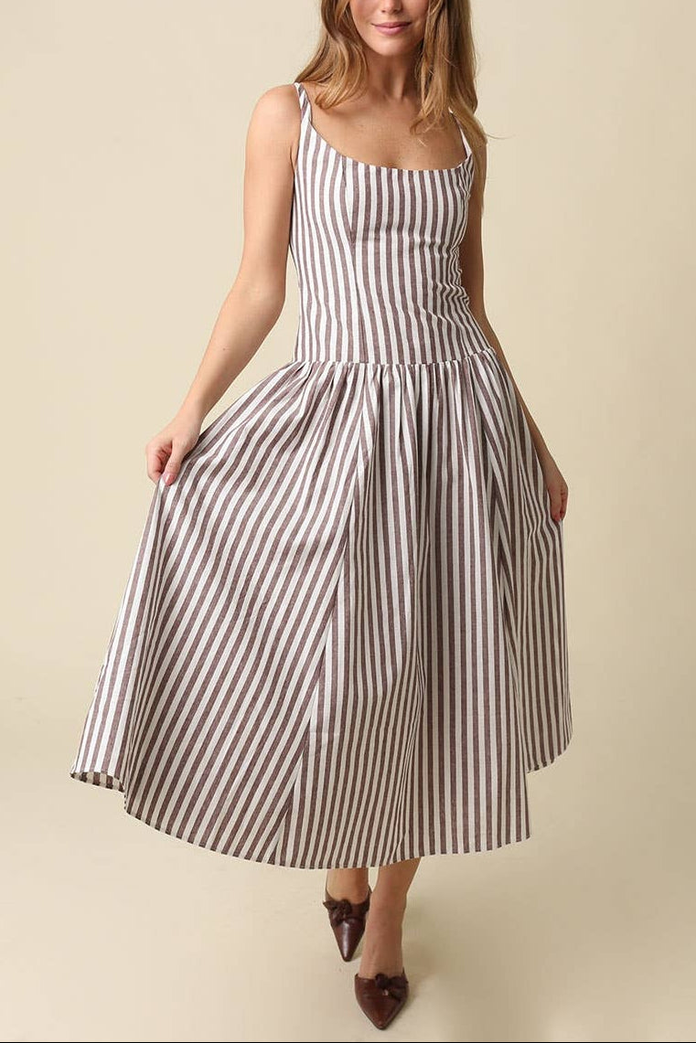 Janet Stripe Flare Maxi Dress features a timeless striped pattern and flattering fit-and-flare silhouette with a western vibe paired with boots fast shipping