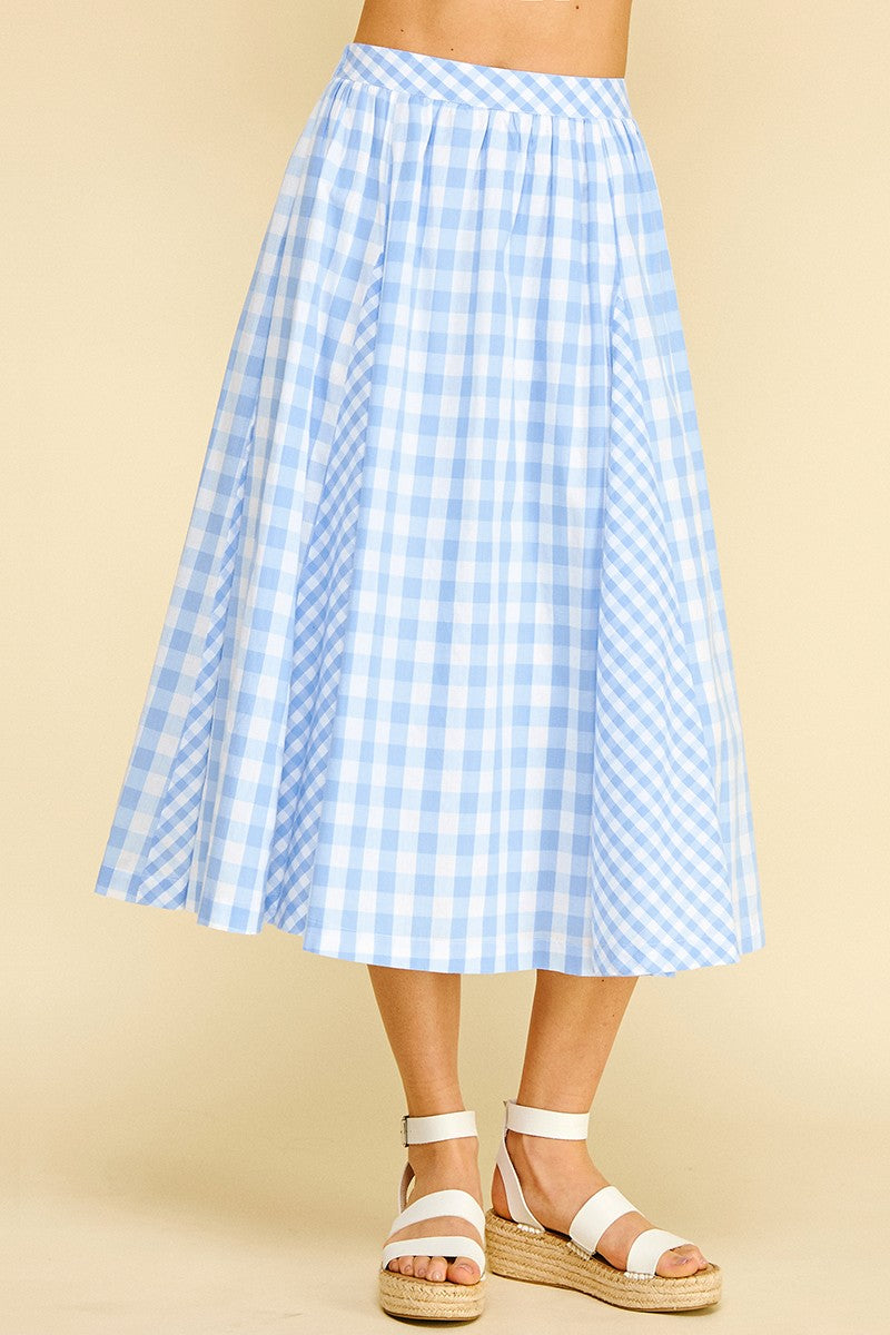 Jayda Pleated Gingham Skirt womens blue pleated gingham midi skirt Boltranchstore.com Pinch clothing Womens fashion western country prairie