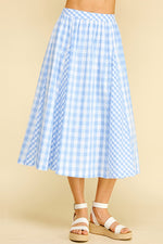 Jayda Pleated Gingham Skirt womens blue pleated gingham midi skirt Boltranchstore.com Pinch clothing Womens fashion western country prairie