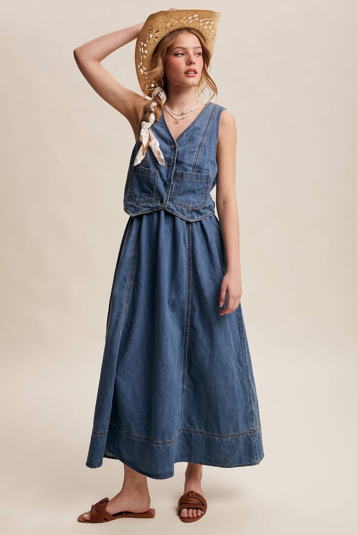 Jazmine Denim Vest Maxi Dress Womens western boutique western clothing Utah Denim Vest Detail Maxi Dress Drift Blue SKU LD1621DFB Bolt ranch store 