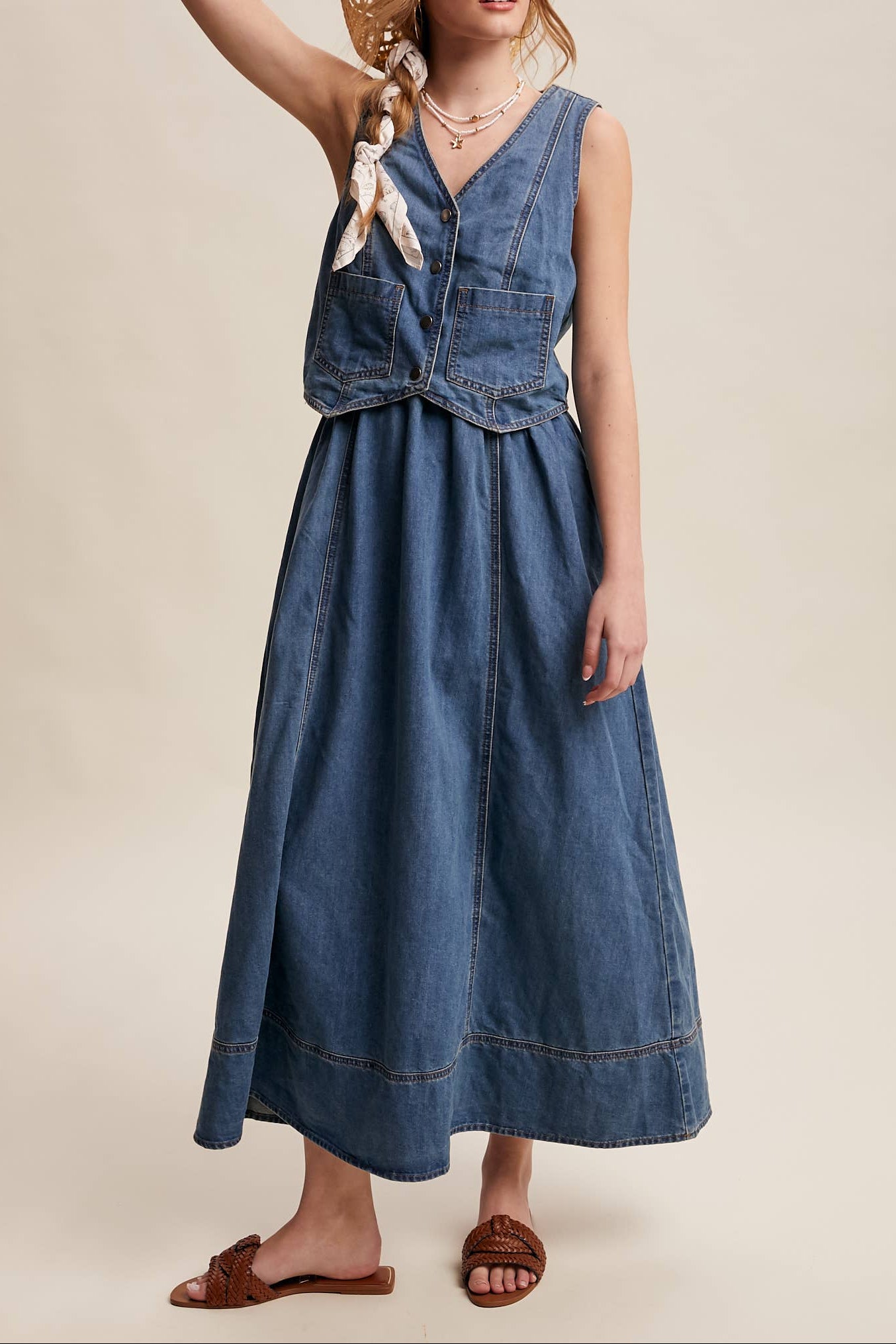Jazmine Denim Vest Maxi Dress Womens western boutique western clothing Utah Denim Vest Detail Maxi Dress Drift Blue SKU LD1621DFB Bolt ranch store 