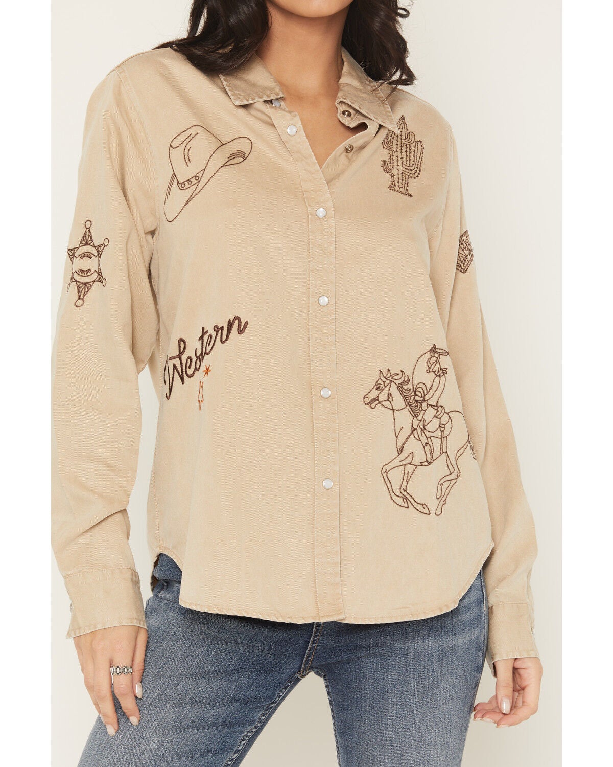 Jena Western Embroidered Shirt womens pearl snap long sleeve top with western embroidered motif perfect for western style womens wear sold near me at Bolt Ranch Store in Park City Utah shopping boutique near Ballerina Farms