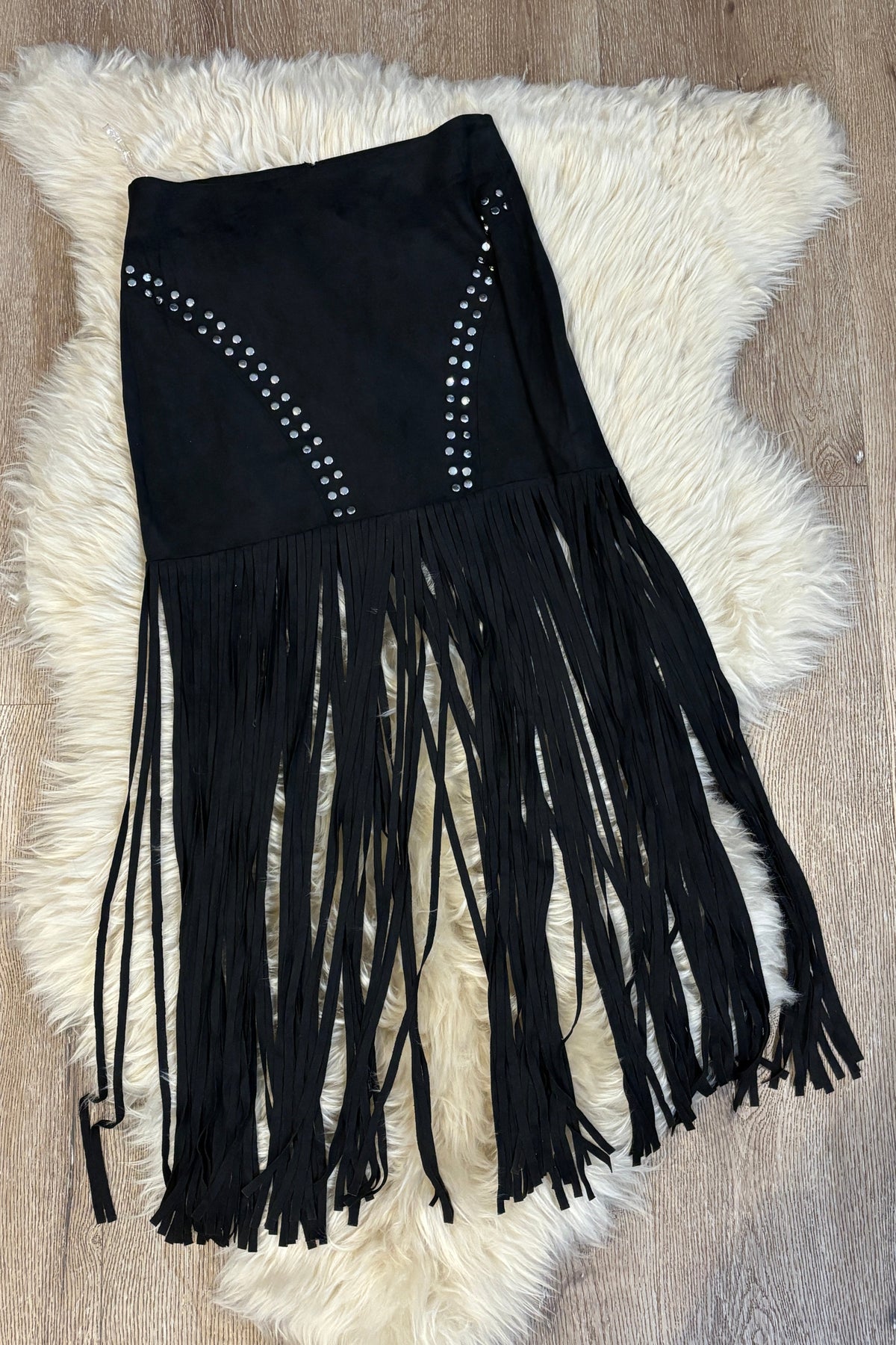 Jolene Suede Studded Fringe Skirt womens black fringe skirt Boltranchstore.com Free Shipping