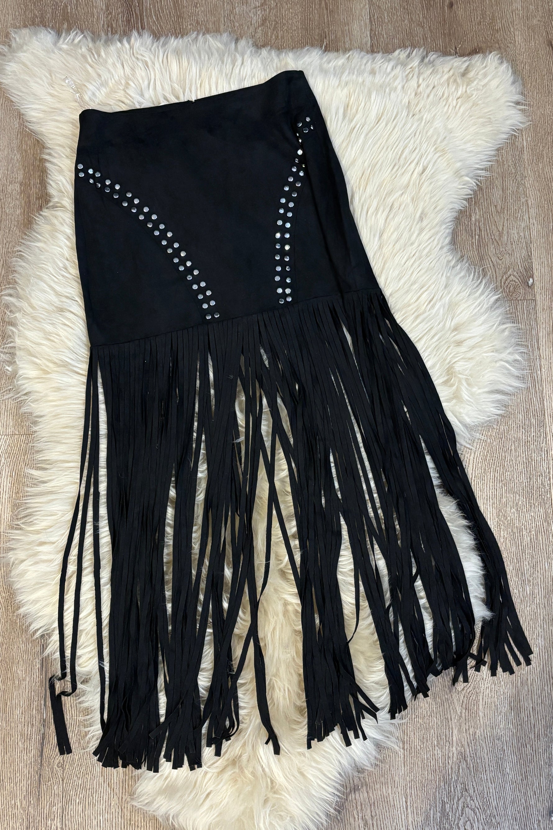 Jolene Suede Studded Fringe Skirt womens black fringe skirt Boltranchstore.com Free Shipping