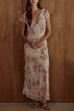Joni Floral Dress flare maxi dress beige floral elegant summer dress flutter sleeve popular doen dupe Boltranchstore.com Free Shipping