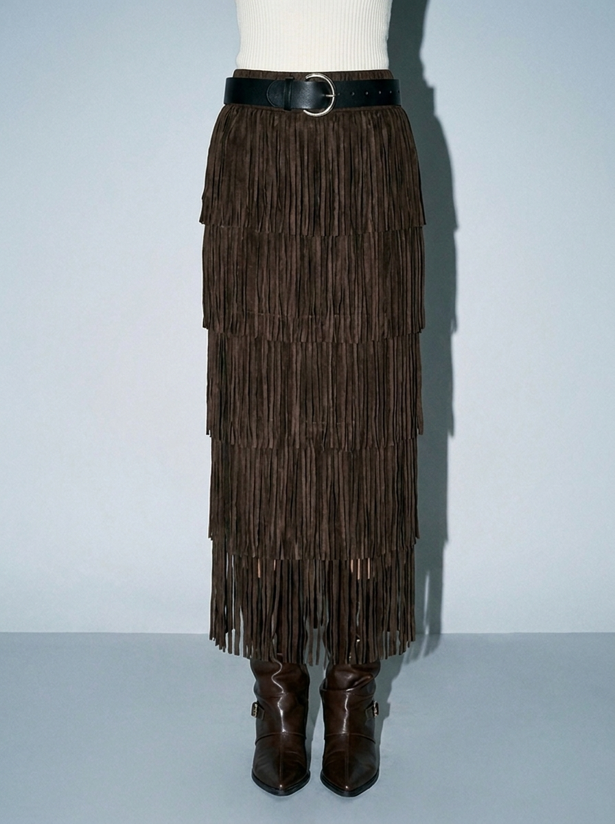 Josie Fringe Skirt and Belt womens western fashion concert outfit with long brown fringe and with boots Bolt Ranch Store