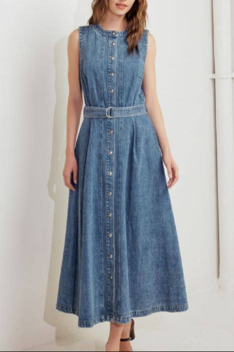 Josie Washed Denim Dress This washed denim midi dress showcases a sleeveless design with a round neckline, button-down front, and a flattering circle skirt. Boltranchstore.com free shipping