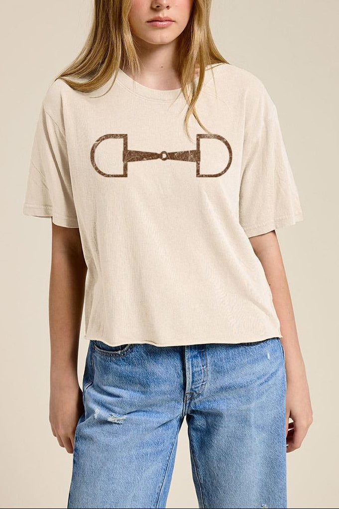 Horsebit Tee K4084-9486 womens country western tshirt horse bit at Boltranchstore.com free shipping Bone cream tan color short sleeve cropped