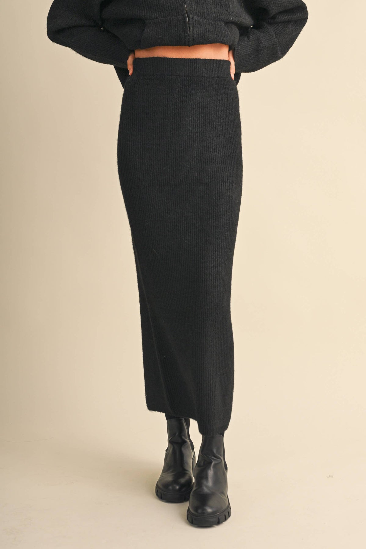 Kailee Knit Maxi Skirt long black ribbed knit midi skirt in Womens Knit skirt at bolt ranch store in kamas utah 