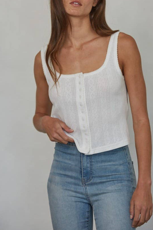 Kamry Pointelle Buttondown Tank L8312 Knit cotton pointelle ribbed lace trim detail tank womens summer popular free shipping Boltranchstore.com