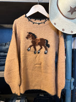 Kate Girls Horse Knit Sweater featuring a brown horse graphic black tassel style neckline cowgirl sweater bolt ranch store