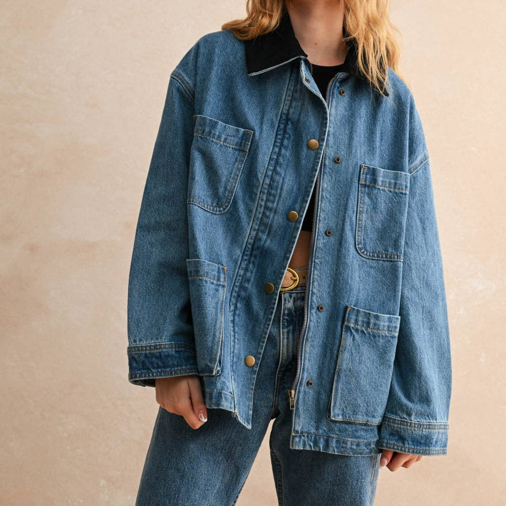 Katie Denim Utility Jacket shop at boltranchstrore.com free shipping Woman wearing a denim jacket and jeans on a beige background