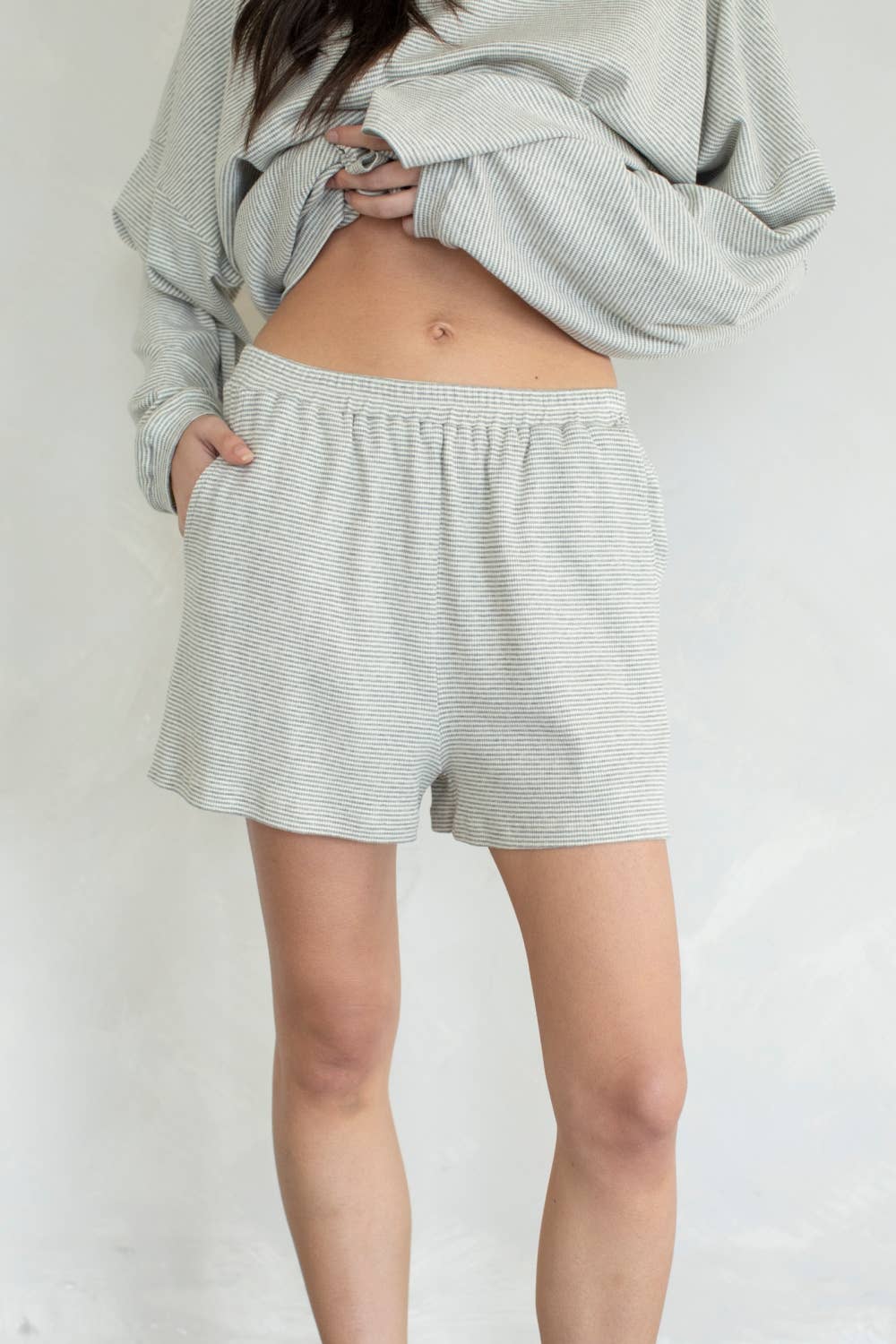 Kennedy Shorts shop at boltranchstore.com light gray shorts and a matching top on a white background
