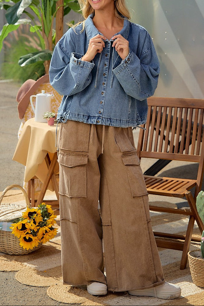 Kim Washed Denim Drawstring Jacket womens lightweight denim jacket in stock at bolt ranch store in kamas utah 