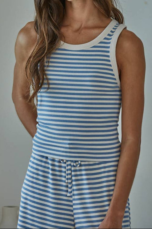 Kimber Knit Striped Sleeveless Top in a horizontal striped shirt in Ivory Blue and Ivory Camel at boltranchstore.com