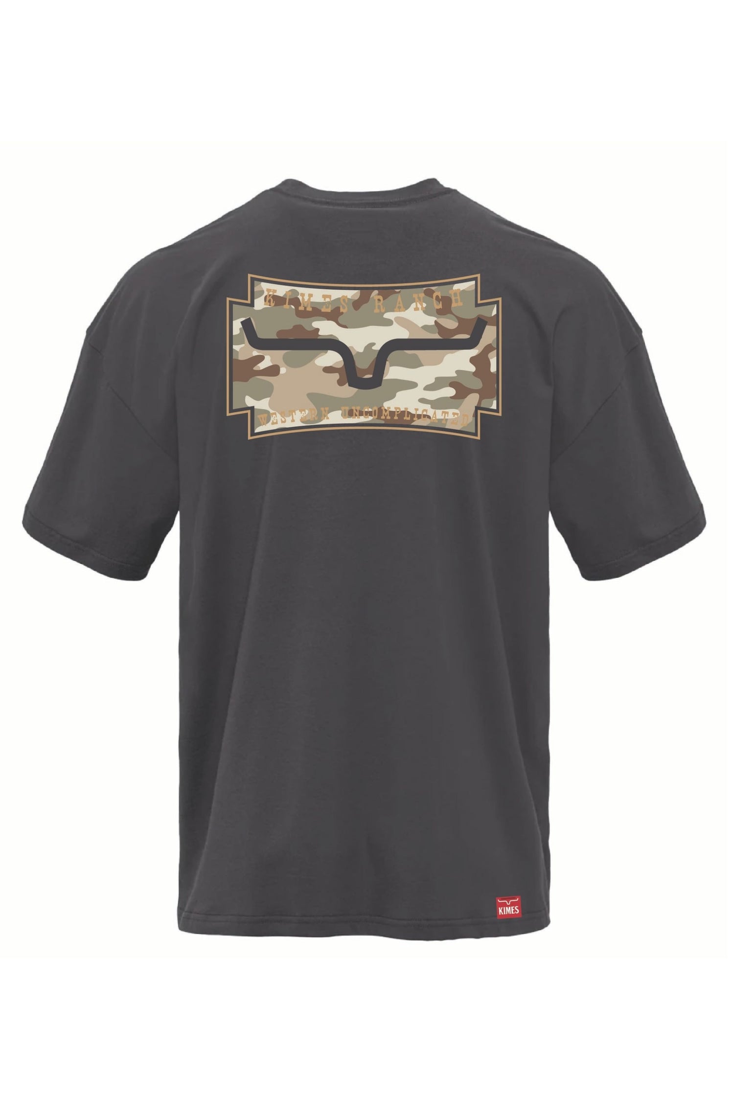 Kimes Mens Camo Crest T Shirt a graphite black t shirt with camo crest Kimes Ranch logo on the back at boltranchstore.com