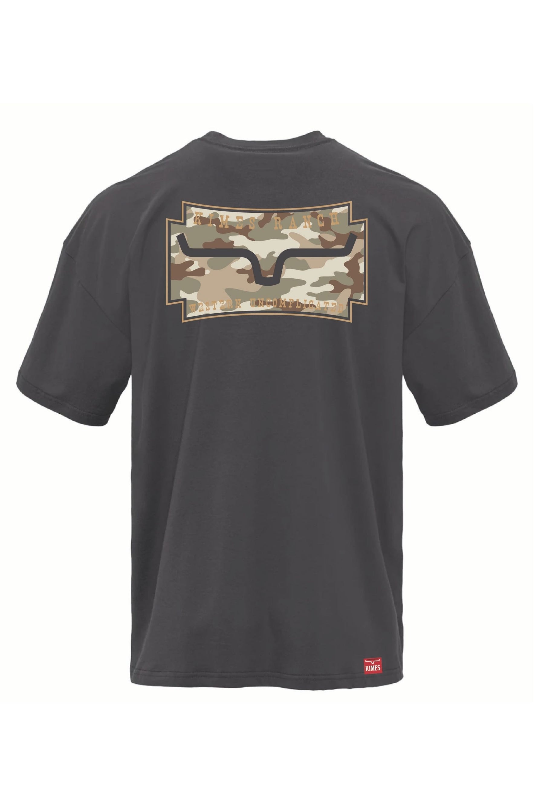 Kimes Mens Camo Crest T Shirt a graphite black t shirt with camo crest Kimes Ranch logo on the back at boltranchstore.com
